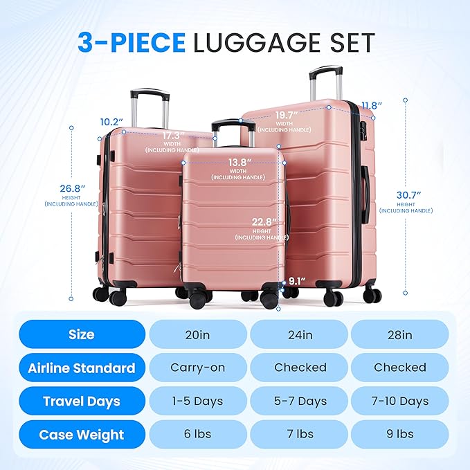 Simple Deluxe 28 Inch Expandable Hardside Carry On with Spinner Wheels & TSA Lock, ABS Hard Shell Lightweight Rolling Luggage Suitcase, Pink