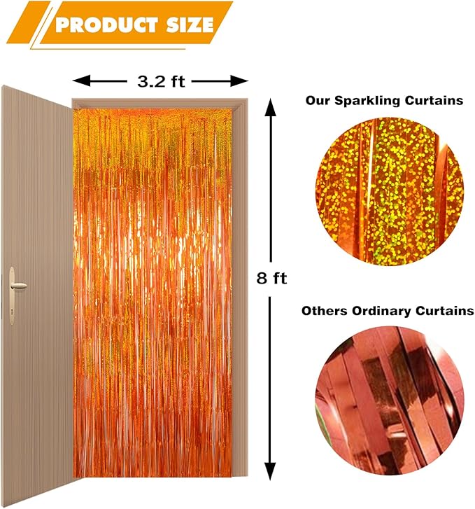 Melsan Orange Tinsel Backdrop Curtains, 3.2ft x 8.2ft Sparkle Metallic Foil Fringe Curtain for Basketball Thanksgiving Halloween Birthday Party Decorations, 2 Packs