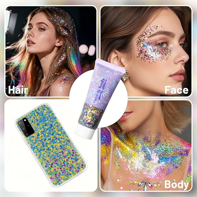 DAGEDA Carnival Body Glitter Gel, Holographic Face Glitter Rave Party Accessories, Chunky Glitters for Hair Eyes Nails, Cosmetic Laser Powder Festival Sequins Paint Makeup