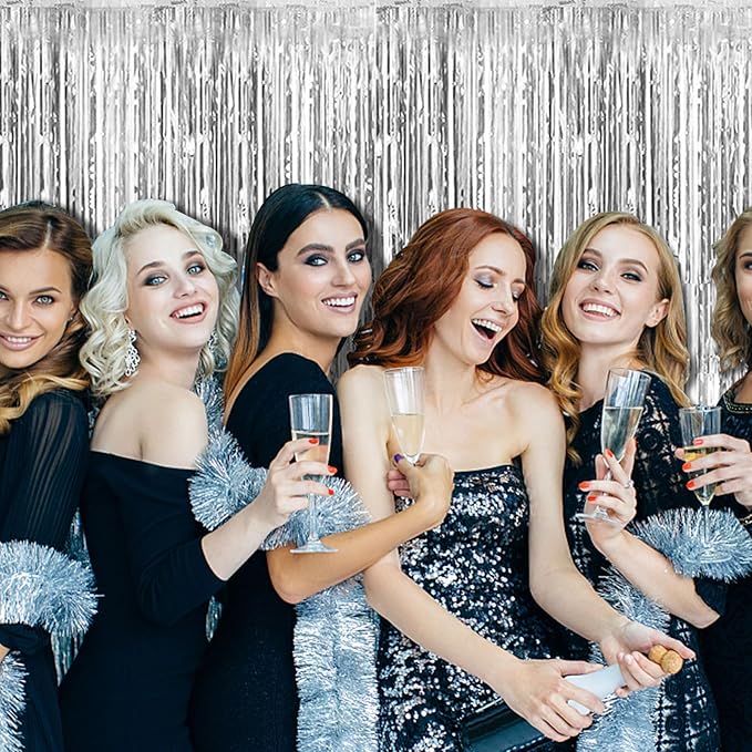 10 Pack Silver Backdrop Curtain Party Decorations Foil Fringe Backdrop Silver Tinsel Streamers Birthday Bachelorette New Year Christmas Wedding Baby Shower Disco Party Decorations