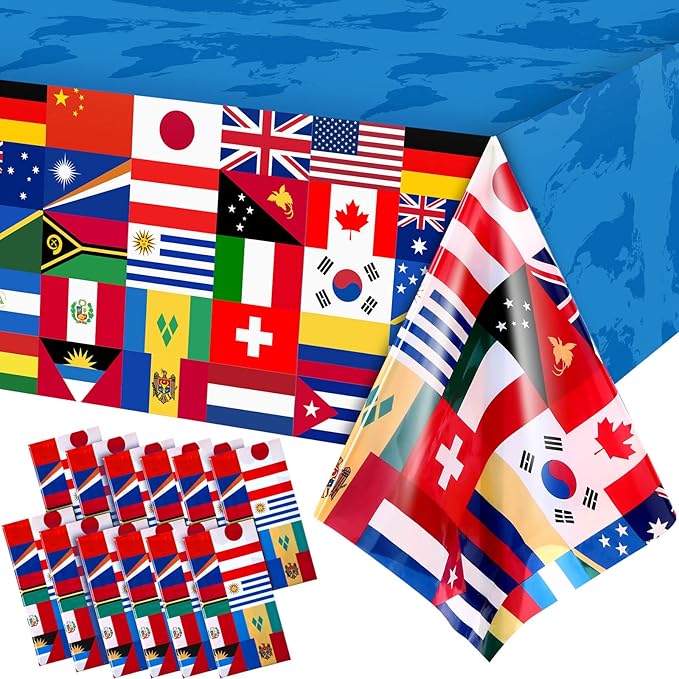 12 Pack International Flag Table Cover Patriotic Table Cloth World Country Flags Plastic Tablecloth for Festival Events Celebration Party Decorations Soccer Sports Beer Party, 108 x 54 Inch