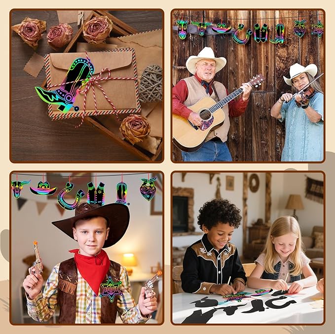 JULMELON 36 PCS Western Crafts, Rainbow Scratch Art Cowboy Rodeo Party Favors DIY Magic Color Scratch Paper Cards for Western Theme Birthday Party Favors School Activities Games