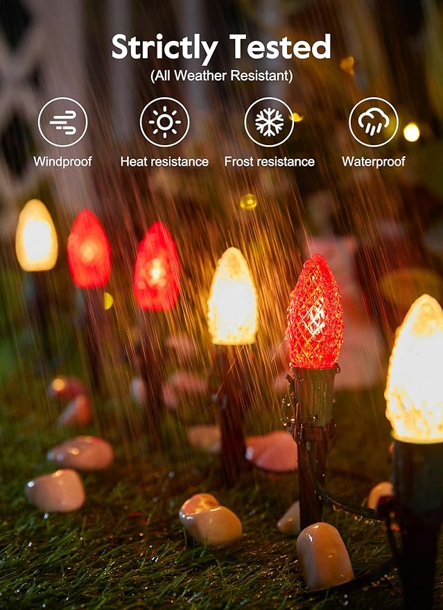 C9 LED Christmas String Lights Outdoor, 26 Feet 20 LED Christmas Pathway Lights with 20 Plastic Stakes, Connectable Waterproof for Driveways Xmas Holiday Patio Decoration, Red and Warm White