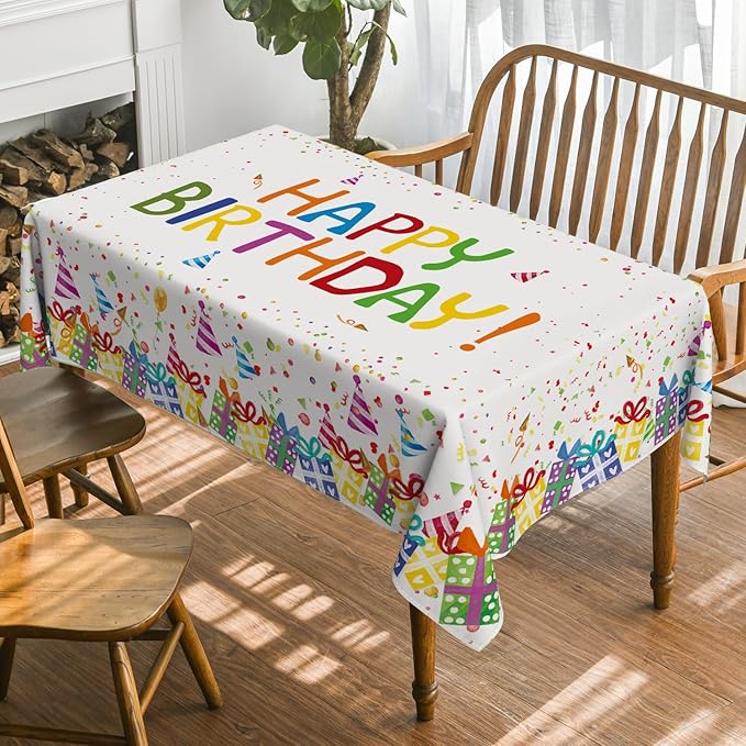 Horaldaily Birthday Tablecloth 52x70 Inch Rectangular, Happy Birthday Ballon White Washable Seasonal Table Cover for Party Picnic Dinner Decor