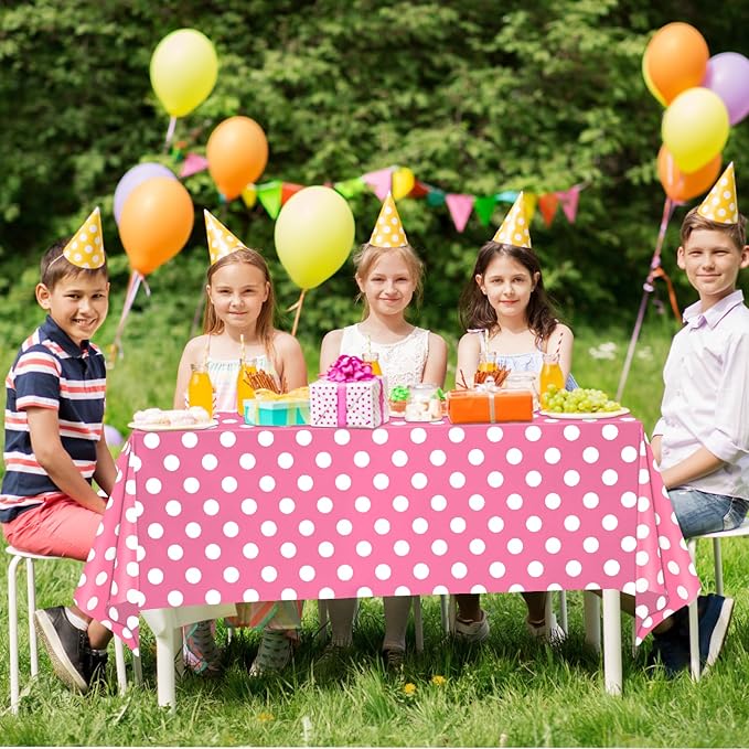 WNINK 6 Pack Pink and White Polka Dot Tablecloths – Disposable Plastic Waterproof Table Cover, 54" x 108", for Birthday, Wedding, Bridal Shower, Bachelor, Pink Girl Party, and Picnic