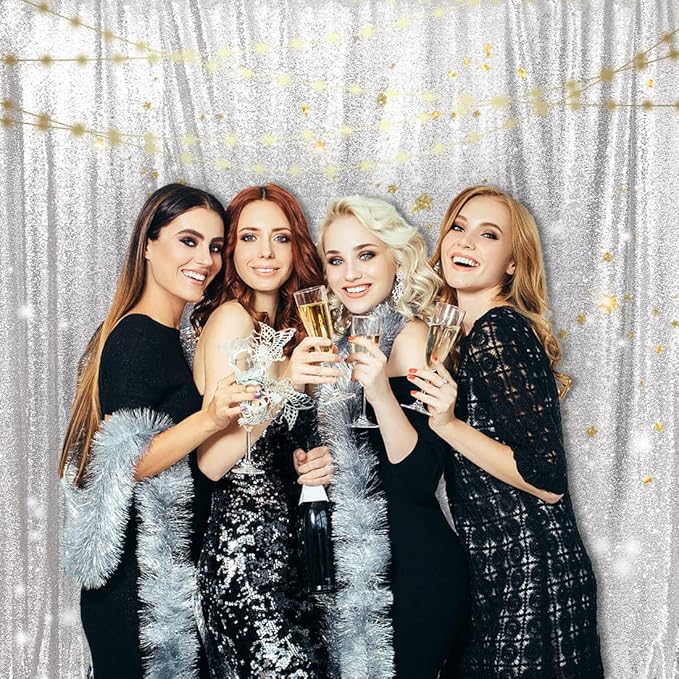 PartyDelight Silver Sequin Backdrop 6x7ft - High Density 3mm Shimmer Sequin Background with 4-Inch Rod Pocket, Sparkly Photography Curtain for Birthday, Disco, TikTok & Live Decor