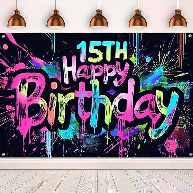 Neon 15th Happy Birthday Banner 71x43 Inch Paint Splatter Glow in The Dark Party Backdrop Colorful Wall Decor for Teens Boys Girls Fifteenth Birthday Celebrations Photo Booth Props