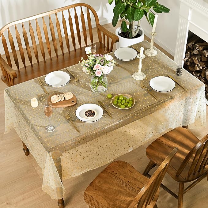 Horaldaily Beige Gold Sparkling Star Gauze Tablecloth 60x140 Inch Rectangular, Golden Star Sequin Glitter Metallic Foil, Sheer Tulle Cheesecloth for Wedding Baby Shower Party