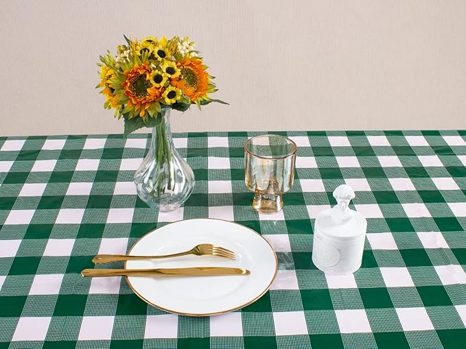 Kesfey 8 Packs Green and White Checkered Tablecovers 54 x 108 Inches Disposable Party Picnic Table Cloth SpillProof Plastic Gingham Tablecovers for Camping Decoration Party Favors