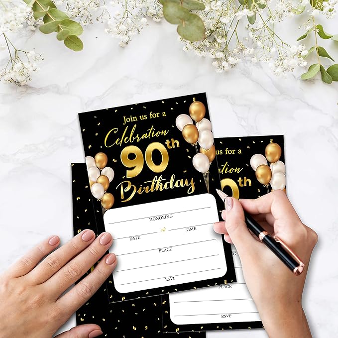 90th Birthday Invitation Cards with Envelopes - Classic Gold Theme Fill in The Blank Birthday Party Invite Cards, for Man, Woman Entertain Banquet Party Supplies, 20 Invites With Envelopes - B22