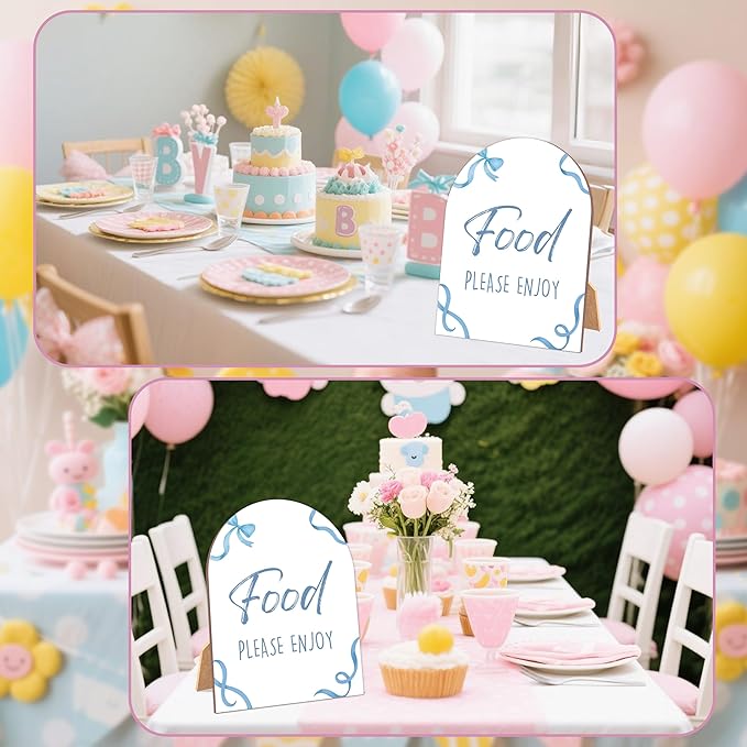 Blue Bow Food Please Enjoy Sign for Baby Shower, 6x8 Inch Arch Wooden Sign with Stand, Blue Baby Shower Table Sign, Gender Neutral Party Decoration - QW11