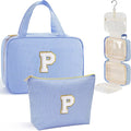 YOOLIFE Hanging Toiletry Bag for Women - Travel Toiletry Bag Makeup Bag, Portable Toiletries Cosmetic Bag, Airplane Travel Essentials - Letter P, Blue