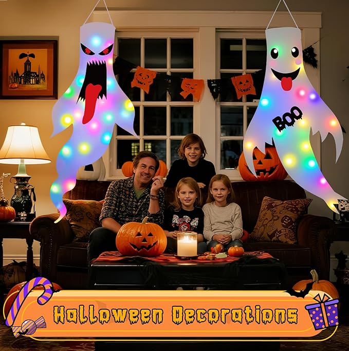 Halloween Decorations Outdoor Indoor, 2 Pack Light Up Ghost Decorations with LED Lights, Hanging Ghost Halloween Decor for Yard Porch Garden Lawn Party (1A-2Pack)