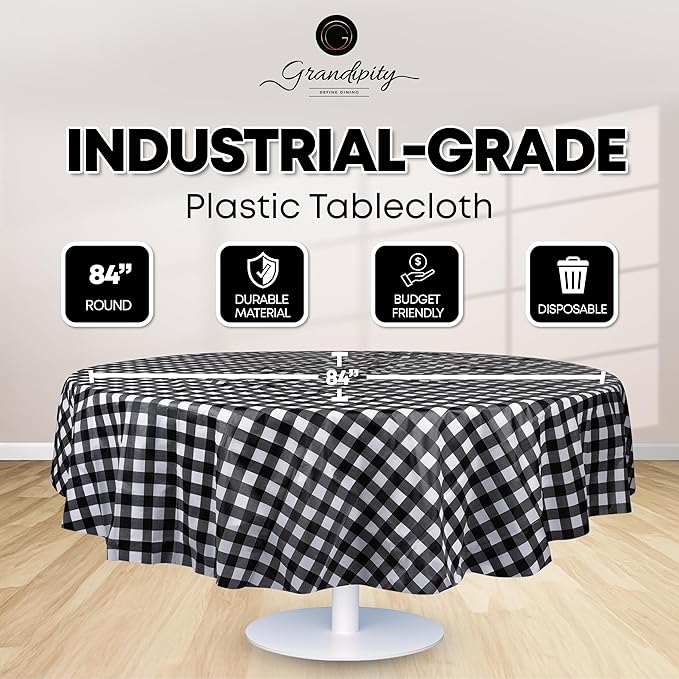 Grandipity 12 Pack Premium Disposable Plastic Tablecloth 84" Inch Decorative Round Checkered Table Cover - Black Checkered Gingham