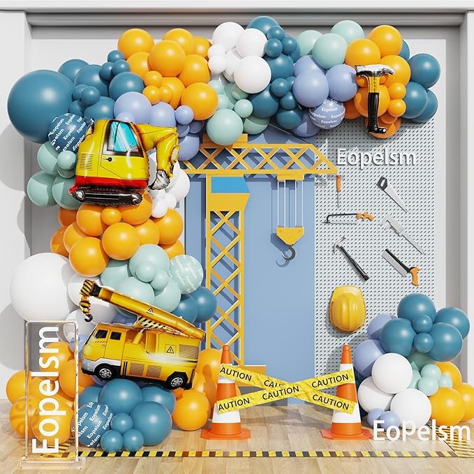 Construction Balloons Garland Arch Kit 155Pcs Yellow and Blue Balloons with Crane Excavator Hammer Foil Balloon for Birthday Baby Shower Trucker Appreciation Day Construction Party Decorations