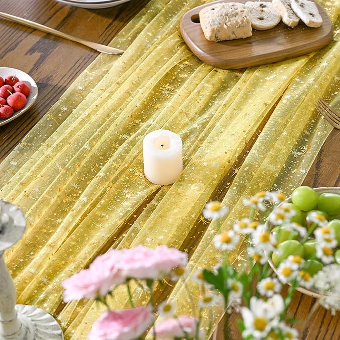 Horaldaily Yellow Gold Sparkling Star Gauze Tablecloth 60x140 Inch Rectangular, Golden Star Sequin Glitter Metallic Foil, Sheer Tulle Cheesecloth for Wedding Baby Shower Party