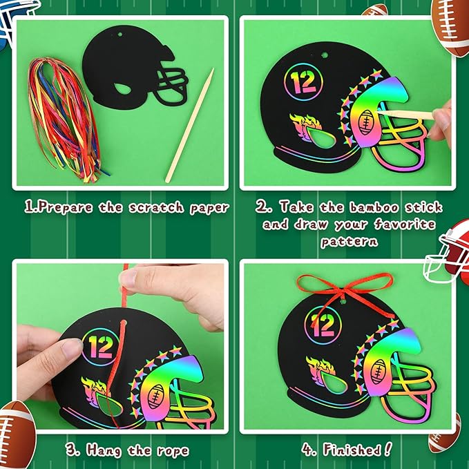 JULMELON 36 PCS Football Crafts for Kids, Rainbow Scratch Paper Art for Kids Football Party Favors Helmet Scratch Off Cards for Birthday Party Supplies School Activities