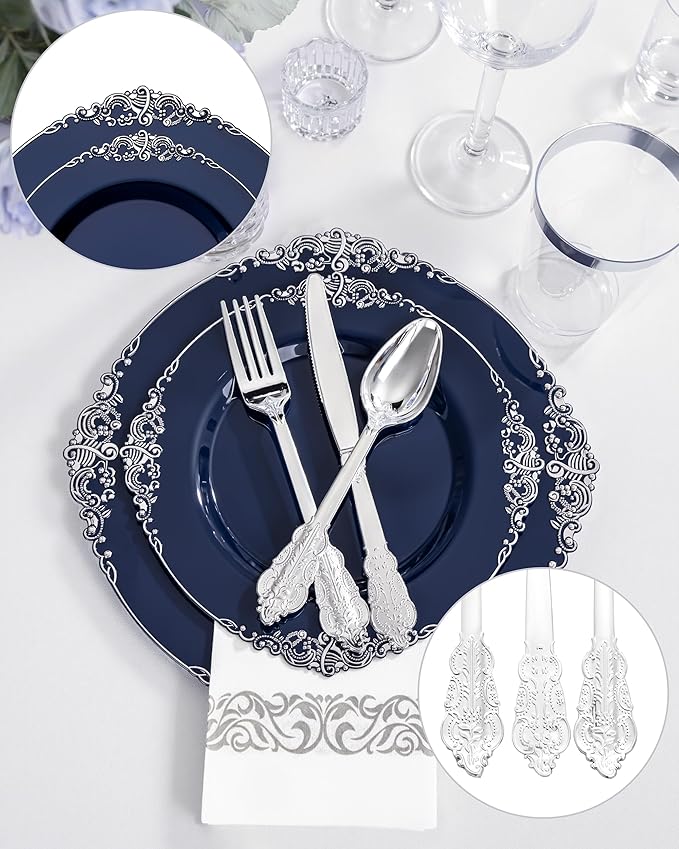 Hioasis 175pcs Blue and Silver Plastic Plates - Elegant Disposable Dinnerware Set Suitable for 25 Guests Include 10.25" Dinner & 7.5" Dessert Plates, Cutlery, Napkins, Cups for Party & Wedding