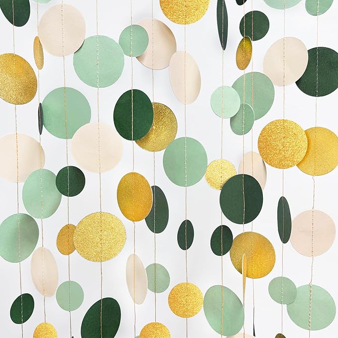 Sage Green Gold Beige Party Polka Dot Garlands Oilve Green Glitter Gold Hanging Paper Circle Dots Streamer for Baby Shower Birthday Wedding Engagement Retirement Boho Safari Party Decorations Supplies