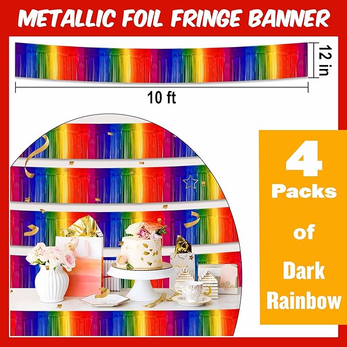 4 Pack 10 Ft Dark Rainbow Foil Fringe Garland Metallic Streamers Tinsel Banner Wall Hanging Garland Backdrop for Parade Floats, Halloween, Christmas, Thanksgiving, New Year Party Decorations