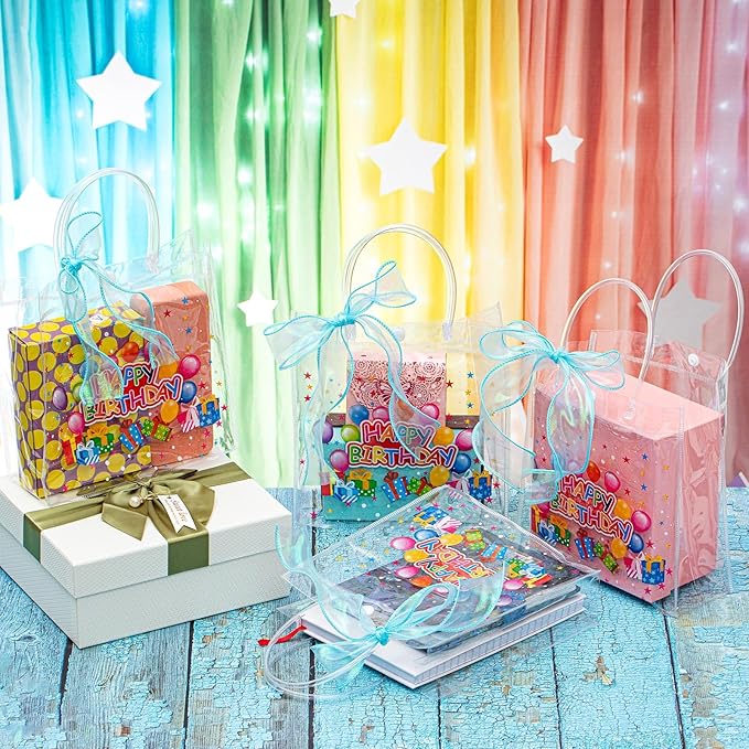 Henoyso 12 Pcs Clear Happy Birthday Gift Bags Plastic Goodie Candy Treat Bags PVC Party Favor Totes with Handles 7.8 x 7.8 x 3.1 Gift Wrap Totes