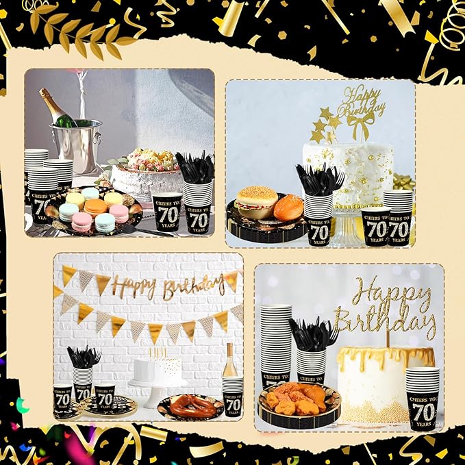 240 Pcs 70th Birthday Decorations 1956 Birthday Party Tableware Include Plates Napkins 9oz Cups Cutlery 70th Anniversary Party Supplies for Men Women Him Her, Serve 30 Guests (Black Gold)