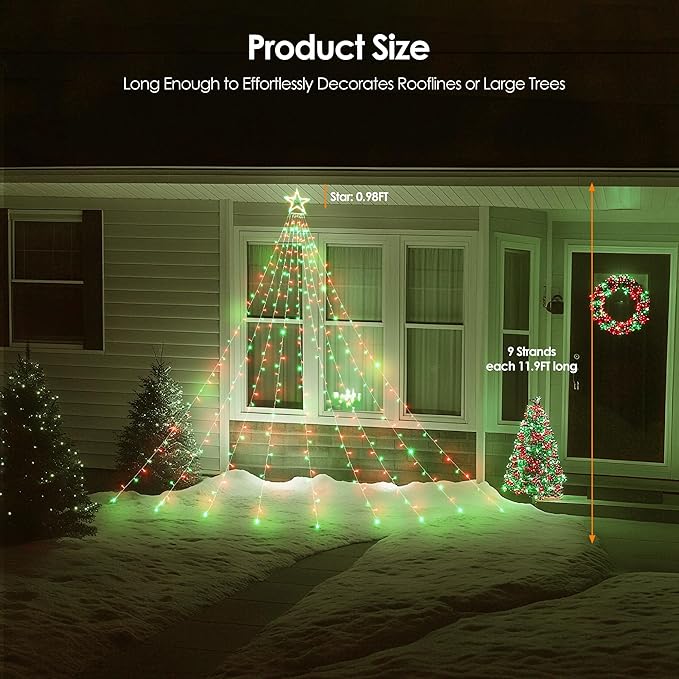 WBao 344 LED Christmas Lights Outdoor Decorations with 12" Star Topper, 11.9ft Waterfall Christmas Lights, Remote Control 8 Modes, Timer, UL Listed Waterproof for Tree Roof Porch Decor, Red Green