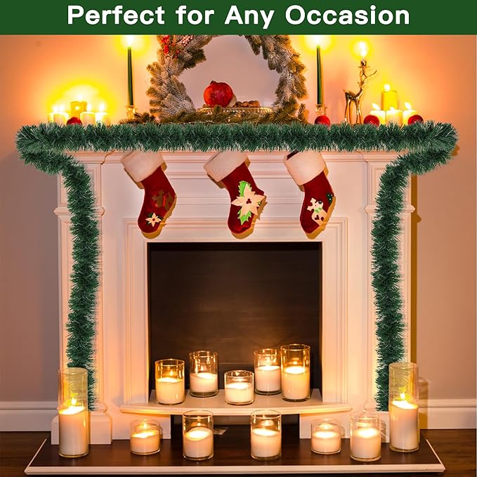 50 Foot Christmas Greenery Garland Decorations, Artificial Green Pine Garland Xmas Tree Decor Soft Tinsel Garlands Non-Lit for Stairs Mantle Fireplace Home Indoor Outdoor Holiday Party Decor