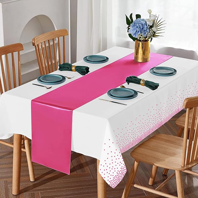MASHAN 8Pack Disposable Plastic Party Tablecloths & Satin Table Runner Set - White Hot Pink Dot - Wedding, Birthday, Baby Shower - 54 x 108 Inch