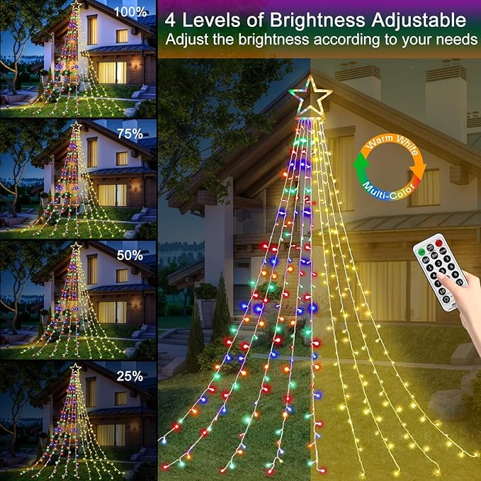 Christmas Decoration Lights, Outdoor Christmas String Lights 320 LED 11.5 Ft Waterfall Tree Light with Big Star Topper 8 Light Modes for Xmas New Year Holiday Garden Yard Indoor Outdoor Decor