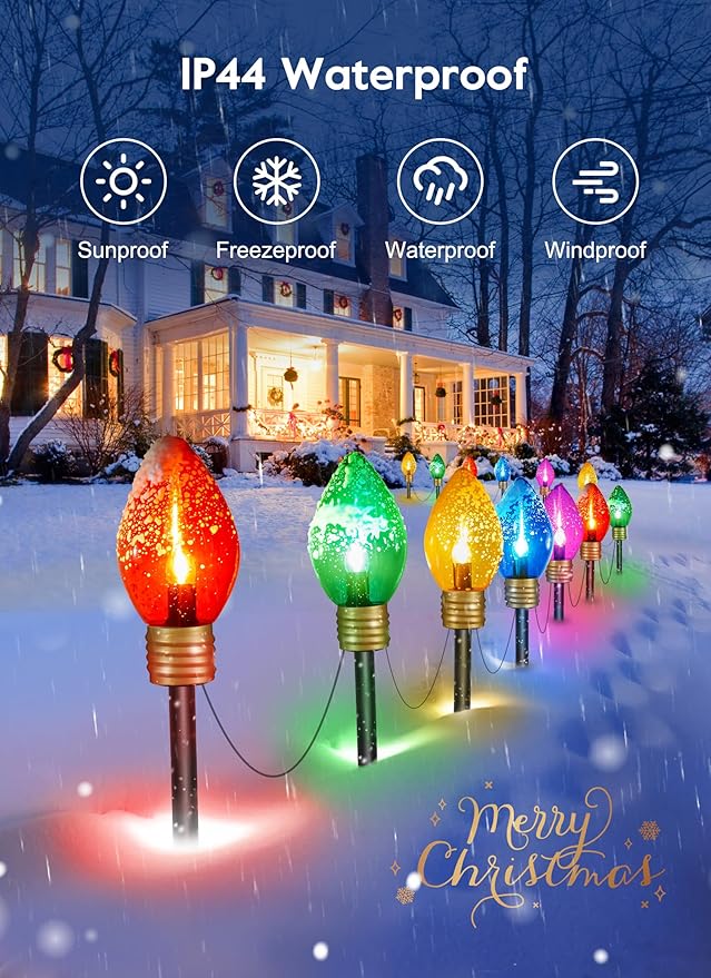 Christmas Lights Jumbo C9 Outdoor Lawn Decorations with Pathway Marker Stakes, 2 Pack 8.5 Feet String Lights Covered Jumbo Multicolored Light Bulb for Holiday Outside Yard Garden Decor, 10 Lights