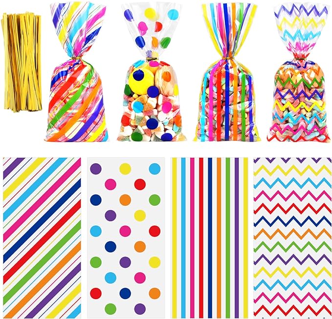 Aneco 100 Pack Rainbow Cellophane Bags 10.6 x 5.1 Inch Plastic Candy Bags Gift Bags Goodie Bags with Twist Ties for Valentine, Birthday, Gift Cookie Snack Packing Party Favor Supplies
