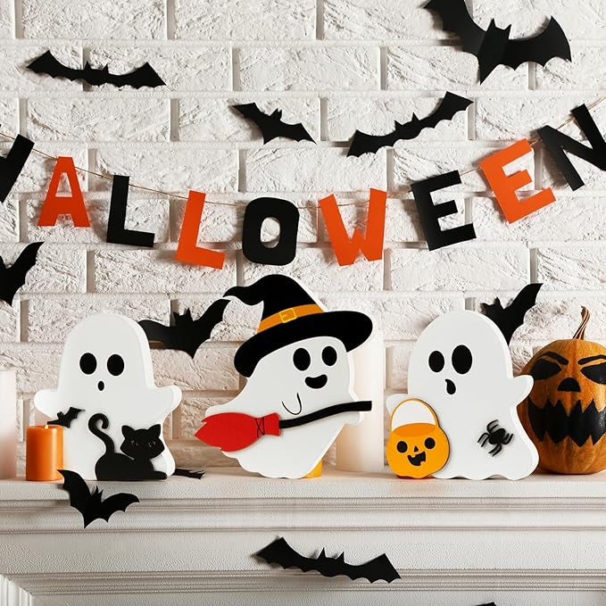 COCHIE Cute Ghost Halloween Decorations Indoor, Wooden Tiered Tray Decor Table Sign Set of 3, Black Cat Bat Witch Broom Signs Pumpkin Blocks for Party Home Shelf Display (A-Ghost)
