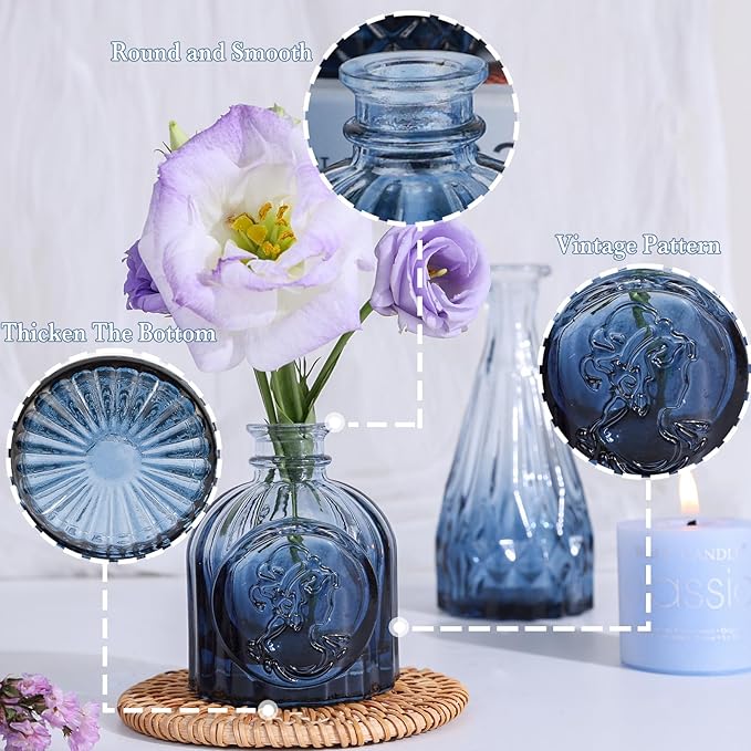 Navy Blue Glass Bud Vases Set of 5, Mini Flower Vase for Centerpieces, Small Clear Vases in Bulk for Wedding Decorations, Vintage Vase for Table, Graduation, Home Décor