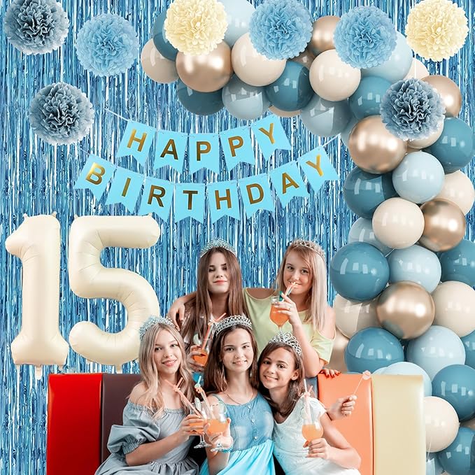 Dusty Blue 15th Birthday Party Decorations Boys Girls Beige Cream Number 15 Balloon with Blue Gold Happy Birthday Banner Fringe Curtain Paper Pom Poms Nude White Sand Champagne Star Foil Balloons