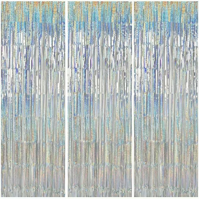 TONIFUL 3Pcs Laser Silver Door Streamers,Laser Silver Photo Booth Backdrop Metallic Streamers Foil Fringe Curtains for Birthday,Christmas,New Year,Bachelorette,Grad Party(9.9ft x 6.6ft)