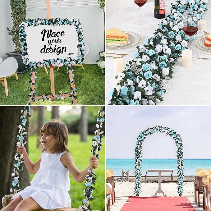 MARTINE MALL Flower Garland - 5 Strands 41Ft Rose Vines for Bedroom Decor, Blue and White Rose Floral Garland for Room Birthday Wedding Party Garden Wall Decor