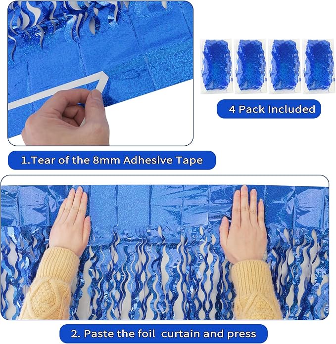 4 Pack 3.3 ft x 6.6 Wavy Sparkle Dark Blue Foil Fringe Backdrop Curtain - Navy Blue Streamer Backdrop Tinsel Curtains for Door Streamers Ocean Birthday Party Decorations Disco Party