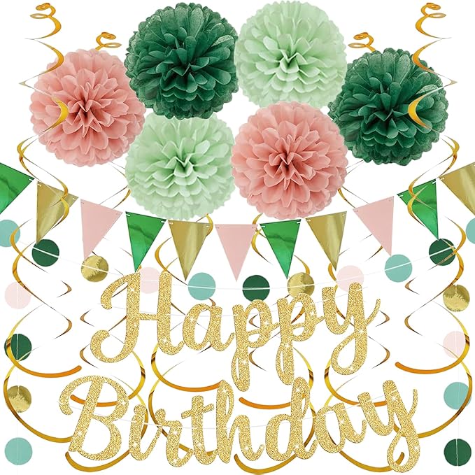 Sage Green Birthday Decorations, Happy Birthday Banner and Paper Pompoms, Hanging Swirls, Circle Dots Garland, Pennant Flags for Girls Women Party Decorations