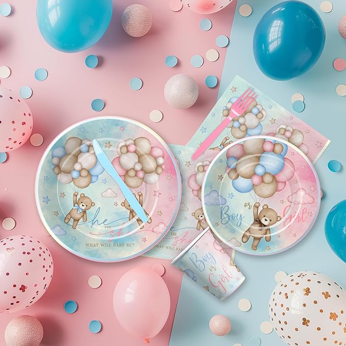 Bear Gender Reveal Decorations Party Tableware - Bear Boy Or Girl Gender Reveal Supplies, Paper Plate, Cup, Napkin, Disposable Fork, He Or She Gender Reveal Table Decorations | Serve 24