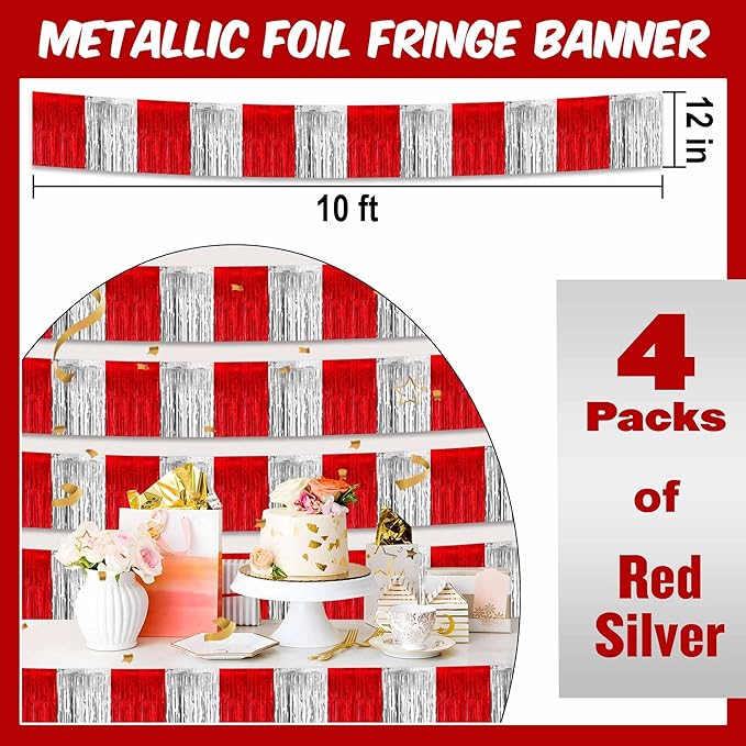 4 Pack 10 Ft Red and Silver Foil Fringe Garland Metallic Streamers Tinsel Banner Wall Hanging Garland Backdrop for Parade Floats, Halloween, Christmas, Thanksgiving, New Year Party Decorations