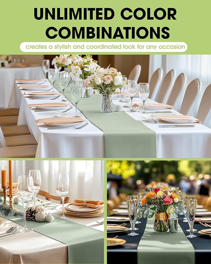 Pureegg Sage Green Plastic Table Runners - 10 Pack, 14'' x 108'', Water Resistant & Disposable Centerpiece Decorations for Table Cloth, Wedding, Birthday, Holiday, Baby Shower, Party, Home Decor