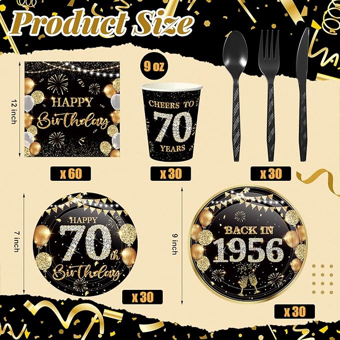 240 Pcs 70th Birthday Decorations 1956 Birthday Party Tableware Include Plates Napkins 9oz Cups Cutlery 70th Anniversary Party Supplies for Men Women Him Her, Serve 30 Guests (Black Gold)