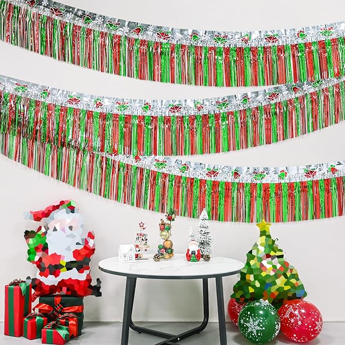 Mega-L Christmas Decorations 2Packs 39Feet Foil Fringe Garland Tinsel Streamers, Red Sliver and Green Jingling Bell Metallic Hanging Backdrop Banner Table Skirts for Parade Floats Golf Cart Holiday