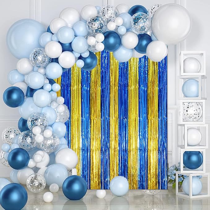 2 Pack Blue Gold Foil Fringe Backdrop Curtains, Graduation Tinsel Streamers Party Decorations, Fringe Backdrop, Door Shimmer for Birthday Party
