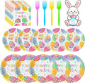 96 Pcs Happy Easter Plates and Napkins Forks Sets - Colorful Eggs Themed Round Tableware, Disposable Spring Flowers Paper Plates Napkins Set for Easter Party Supplies Favors Table Decor, Serves 24