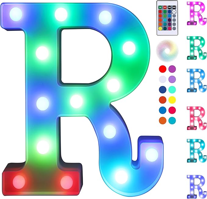 Foaky Colorful LED Letter Lights with Remote,Marquee Light Up Letters Sign for Night Light Wedding/Birthday Party Battery Powered Christmas Lamp Home Bar Decoration(R)