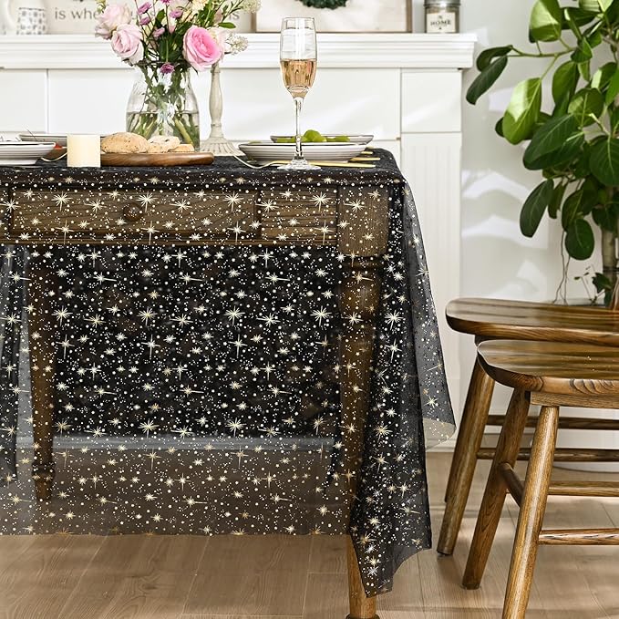 Horaldaily Black Gold Sparkling Star Gauze Tablecloth 60x84 Inch Rectangular, Golden Star Sequin Glitter Metallic Foil, Sheer Tulle Cheesecloth for Wedding Baby Shower Party