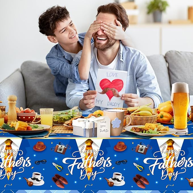 2 Pack Fathers Day Tablecloth - Happy Father's Day Table Cloth, Plastic Disposable Rectangle Blue Father Day Table Cover for Fathers Day Decorations Party Decor Supplies Favors,108 x 54 Inch