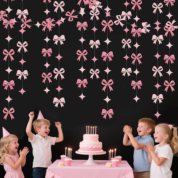 Pink Bow Decorations Pink Glitter Paper Star Bow Hanging Garland Streamer Banner for Coquette Birthday Bridal Shower Wedding Anniversary Bachelorette Engagement Baby Shower Party Decorations Supplies